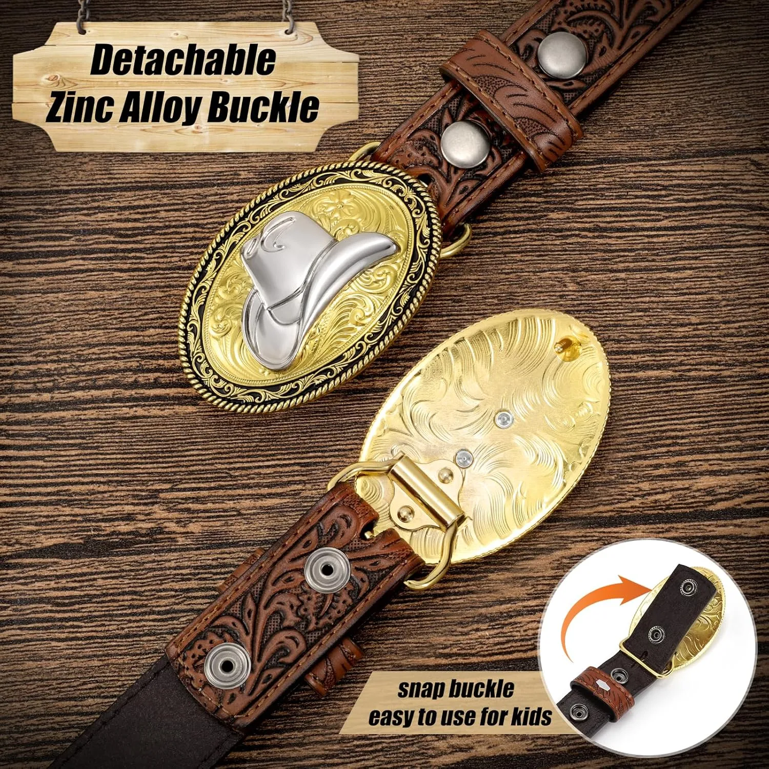 Kids Western Belt for Boys Girls, Embossed Genuine Leather Cowboy Cowgirl Belt for Jeans Pant Dresses Gift