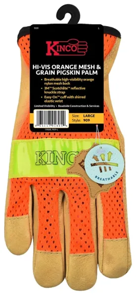 Kinco 909-L Reflective Gloves, Men's, L, Keystone Thumb, Easy-On Cuff, Nylon Back, Gold/Hi-Vis Orange :PR: QUANTITY: 1