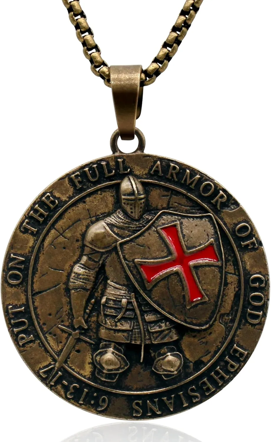 Knights Templar Put On The Whole Armor of God Ephesians 6:13-17 Red Cross Design Necklace for Men, Pure Copper Material, Old Style, Amulet, Totem