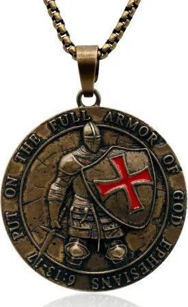 Knights Templar Put On The Whole Armor of God Ephesians 6:13-17 Red Cross Design Necklace for Men, Pure Copper Material, Old Style, Amulet, Totem