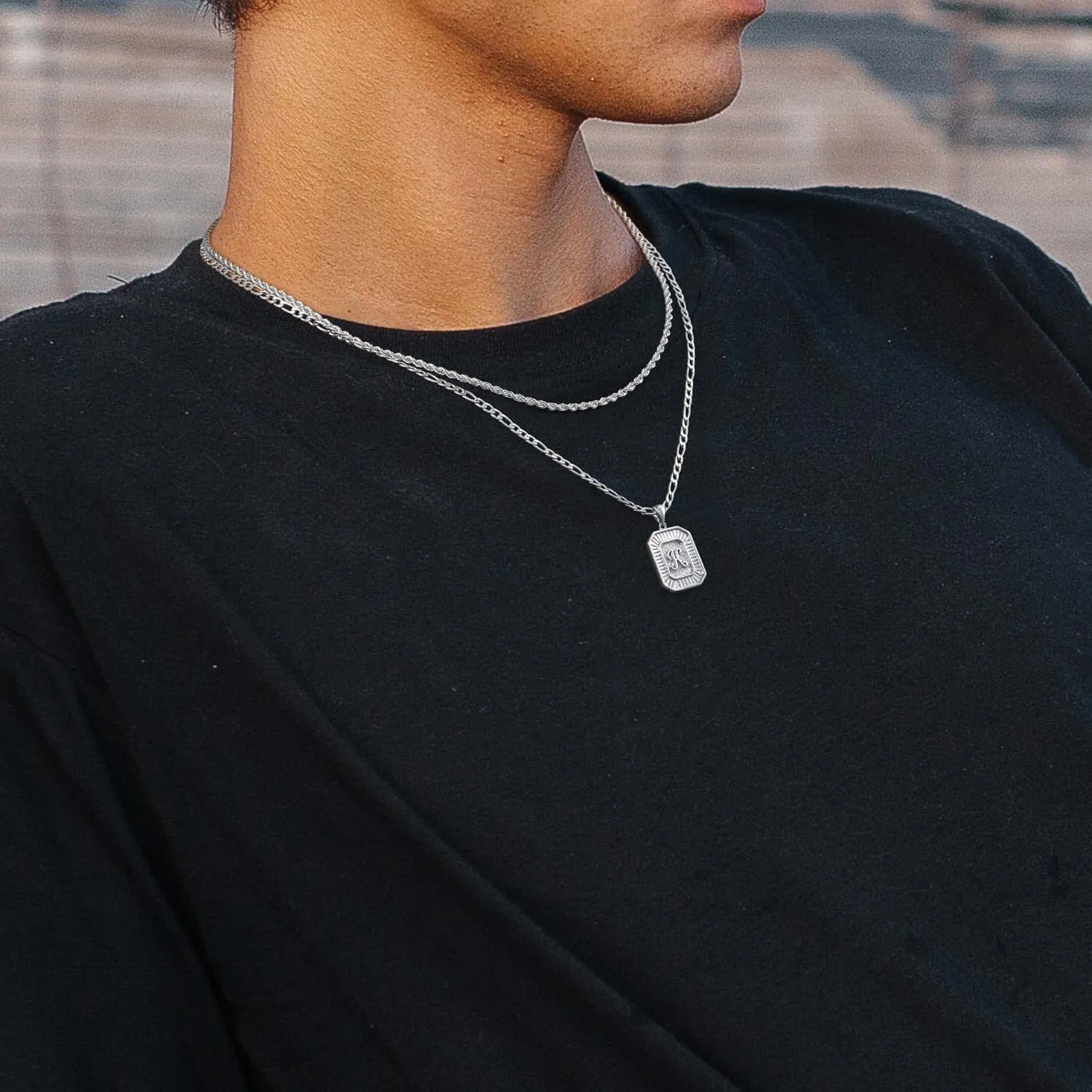 Layered Initial Necklace for Men Women, Layered Rope Chain Figaro Chain Square Pendant Stainless Steel Necklace for Men Women Jewelry Gifts