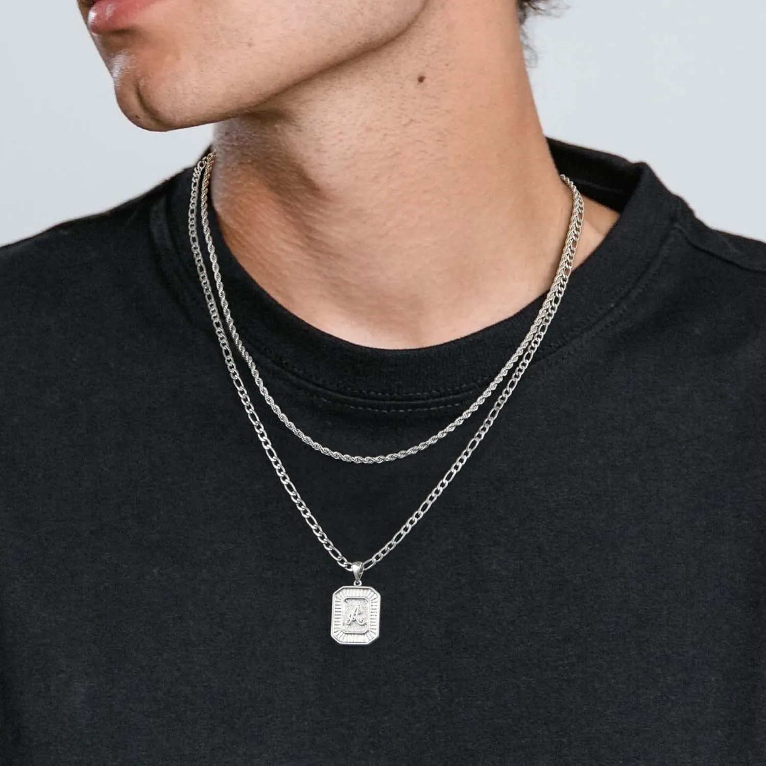 Layered Initial Necklace for Men Women, Layered Rope Chain Figaro Chain Square Pendant Stainless Steel Necklace for Men Women Jewelry Gifts