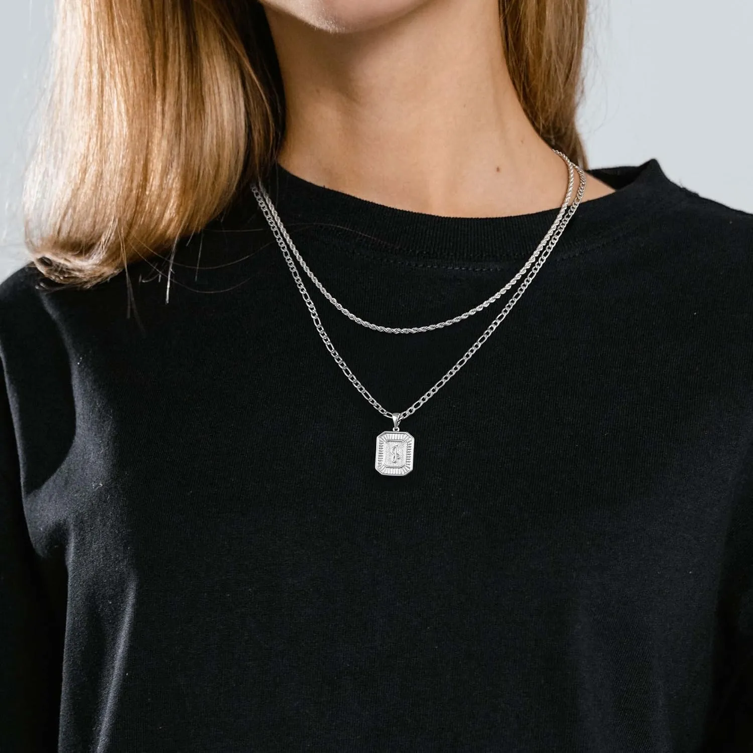 Layered Initial Necklace for Men Women, Layered Rope Chain Figaro Chain Square Pendant Stainless Steel Necklace for Men Women Jewelry Gifts
