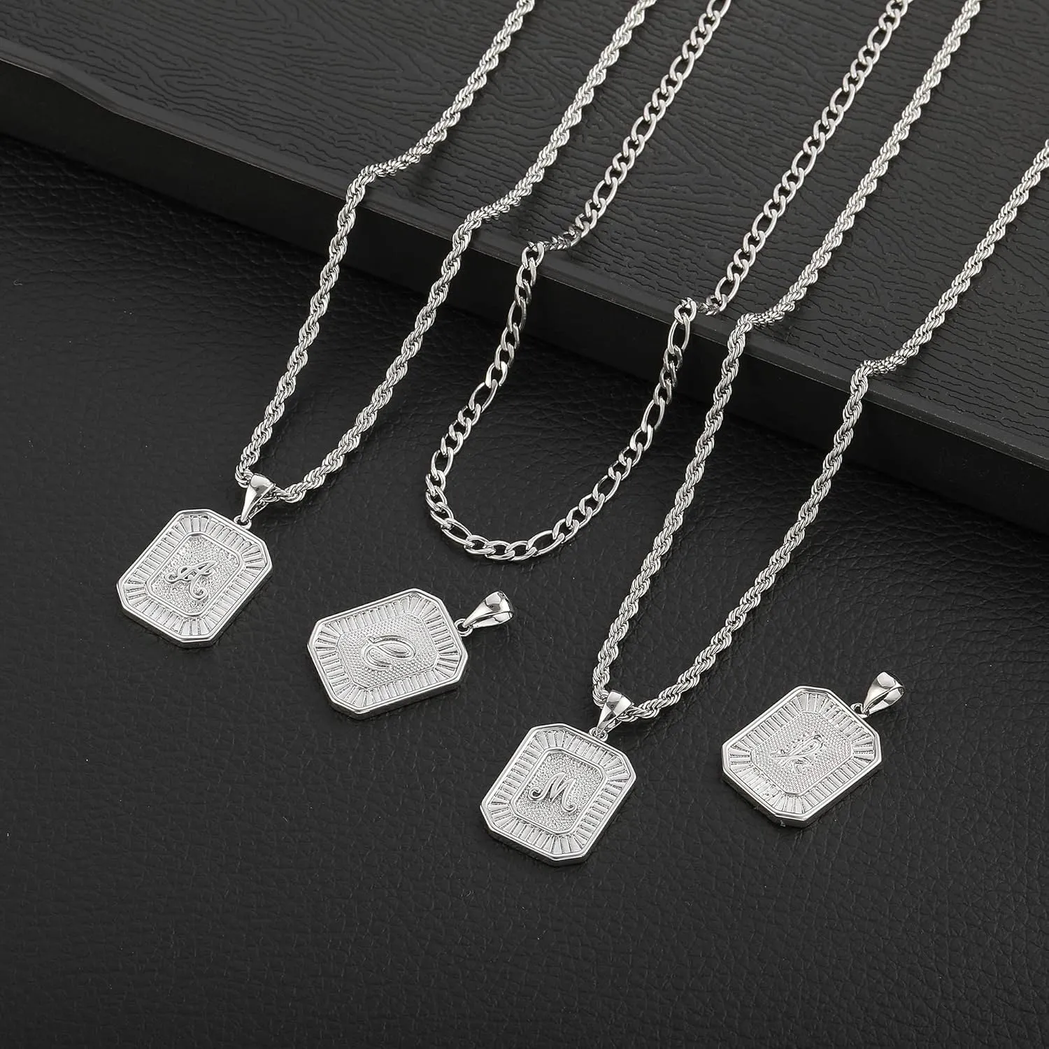 Layered Initial Necklace for Men Women, Layered Rope Chain Figaro Chain Square Pendant Stainless Steel Necklace for Men Women Jewelry Gifts