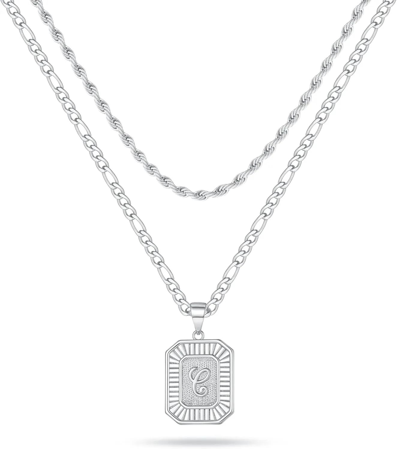 Layered Initial Necklace for Men Women, Layered Rope Chain Figaro Chain Square Pendant Stainless Steel Necklace for Men Women Jewelry Gifts
