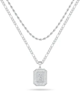 Layered Initial Necklace for Men Women, Layered Rope Chain Figaro Chain Square Pendant Stainless Steel Necklace for Men Women Jewelry Gifts