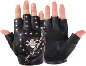 LIANXUE Half Finger Punk Rivets PU Leather Gloves Black Biker Gloves with Metal Chain for Motorcycles Fingerless Dancing Mittens Black PU Leather
