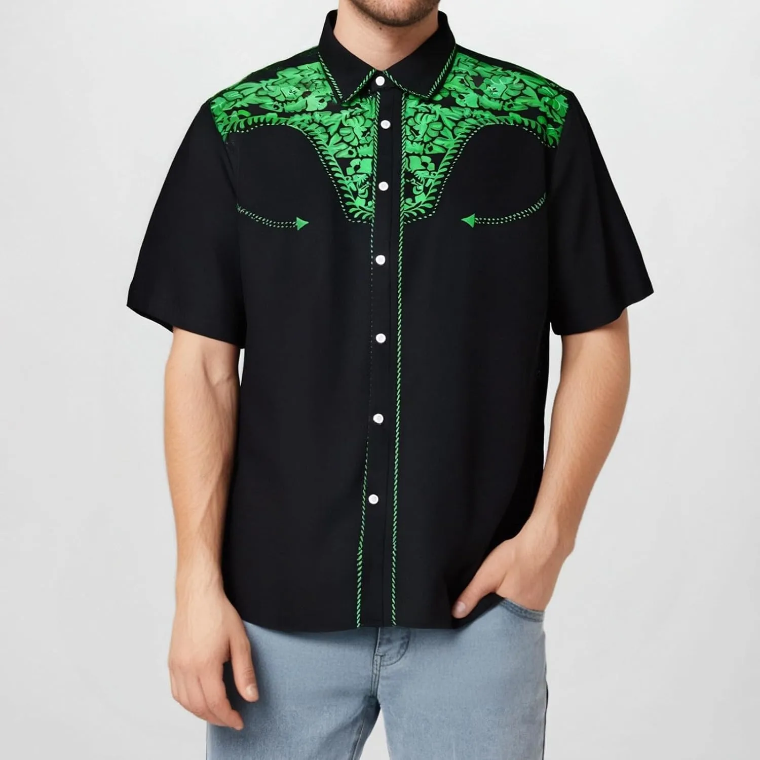 Men's Cowboy Shirts Embroidered Rose Design Big and Tall Casual Loose Tee Tops Western Short Sleeve Button Down