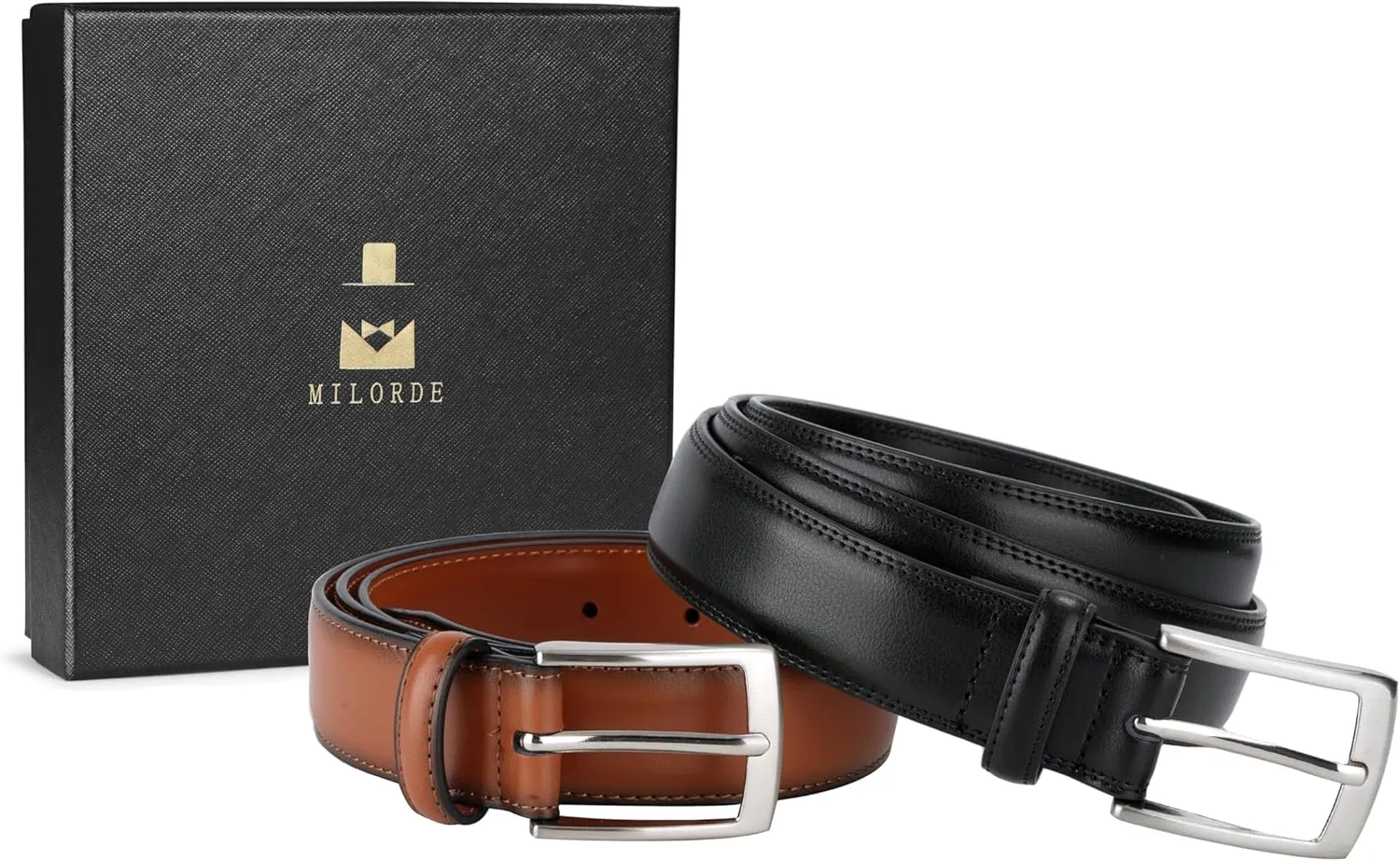 MILORDE Men's Leather Dress Belt 2Pack, Handmade, Genuine Leather, Fashion & Classic Designs for Work Business and Casual