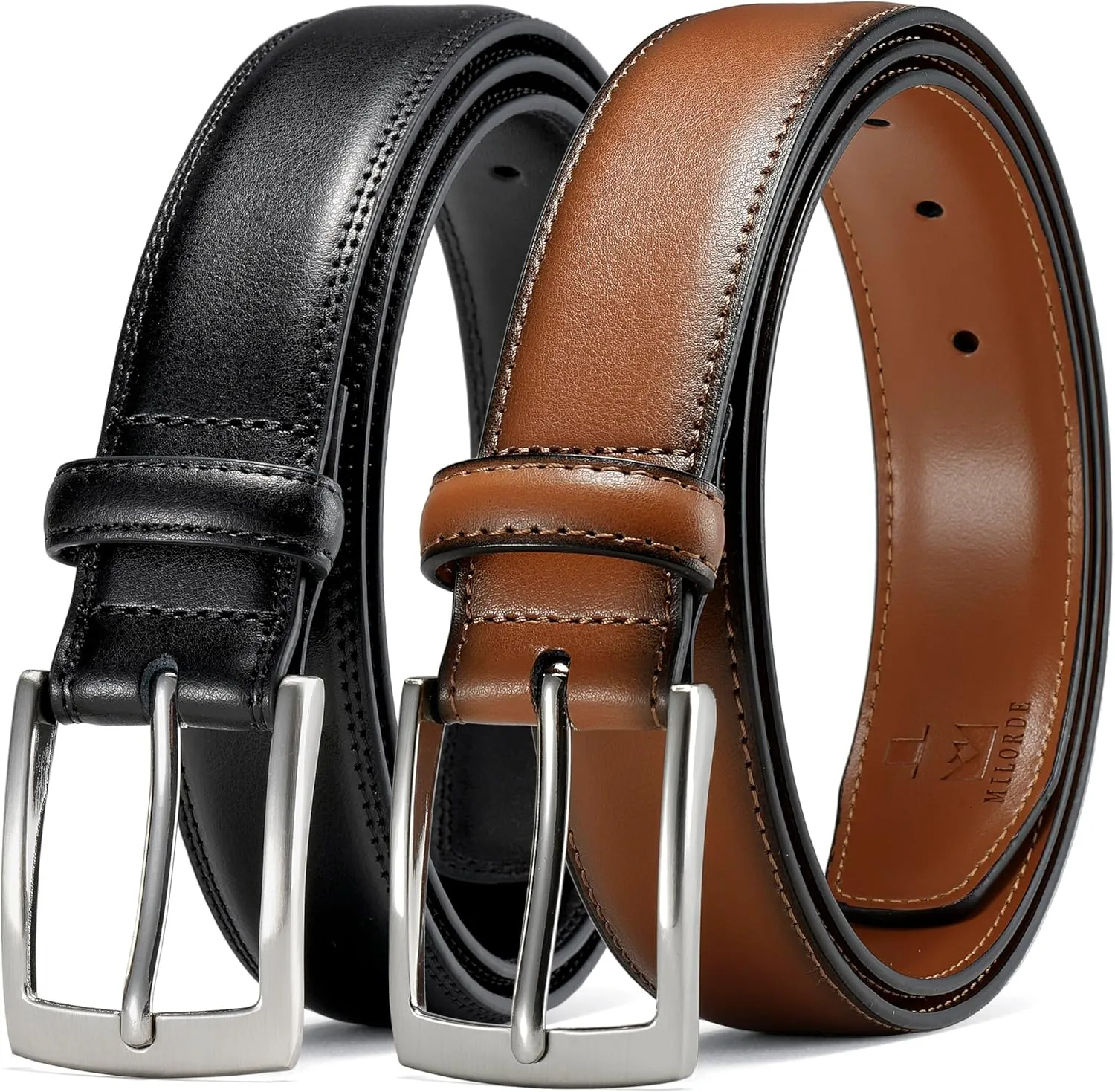 MILORDE Men's Leather Dress Belt 2Pack, Handmade, Genuine Leather, Fashion & Classic Designs for Work Business and Casual