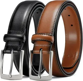 MILORDE Men's Leather Dress Belt 2Pack, Handmade, Genuine Leather, Fashion & Classic Designs for Work Business and Casual