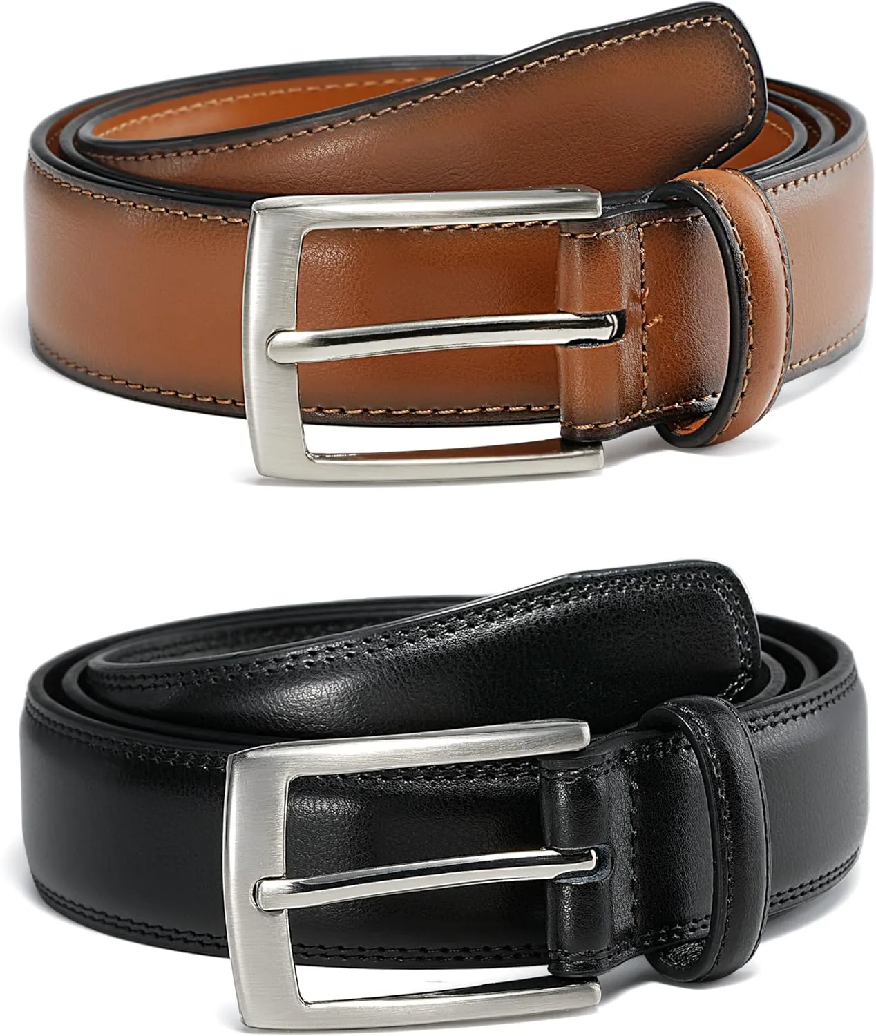 MILORDE Men's Leather Dress Belt 2Pack, Handmade, Genuine Leather, Fashion & Classic Designs for Work Business and Casual