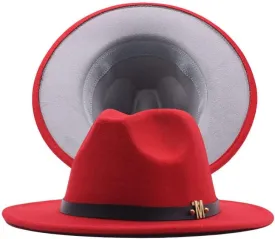 NC Two-Colors Patchwork Fedora Hats with M Leather Band Women Party Felted Bowler Cap Casual Men Wide Brim Church Fedoras (red and Grey)
