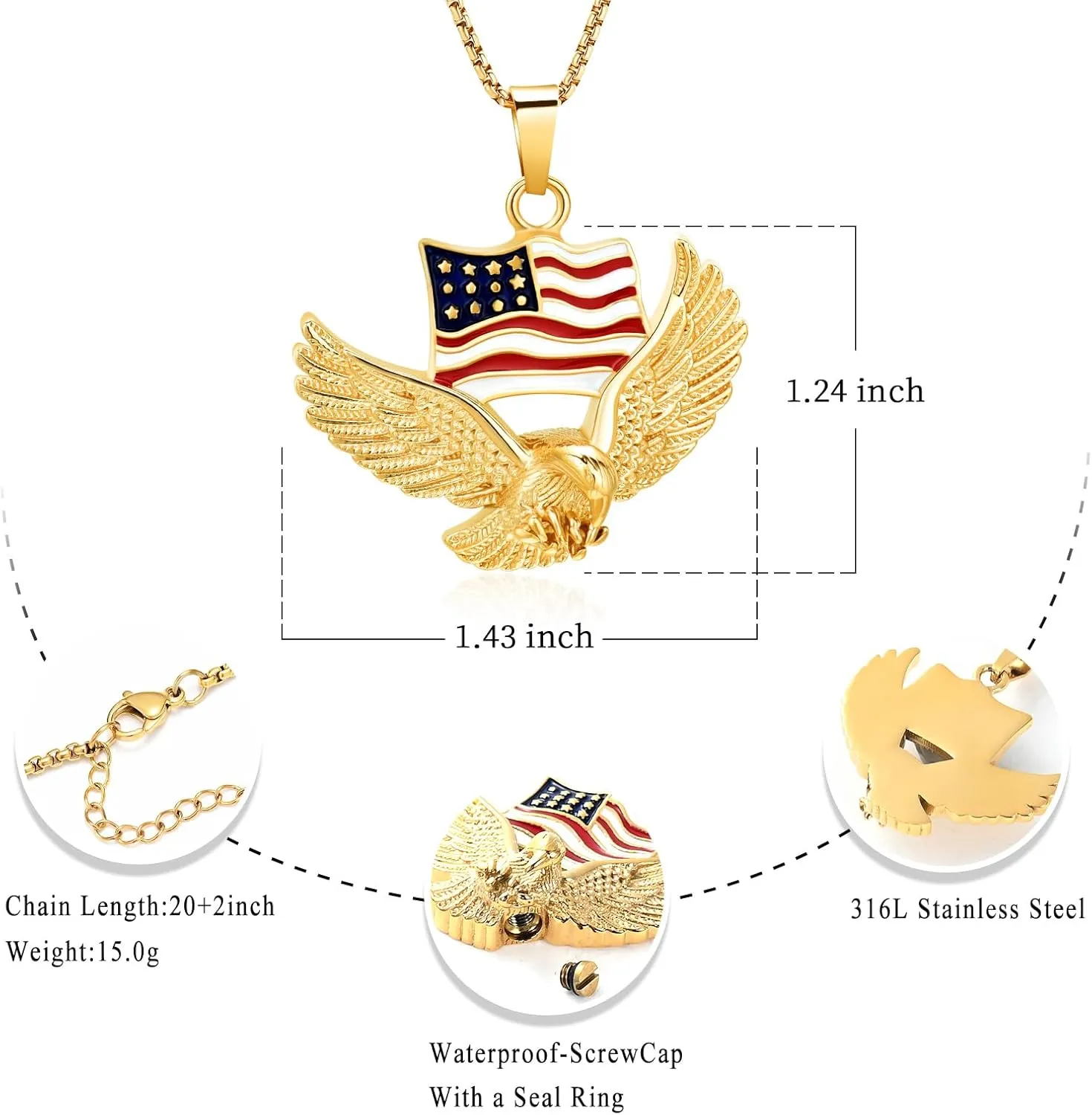 Oinsi Cremation Jewelry For Ashes For Men The Stars and the Stripes With Eagle Memorial Urn Necklace Keepsake Pendant