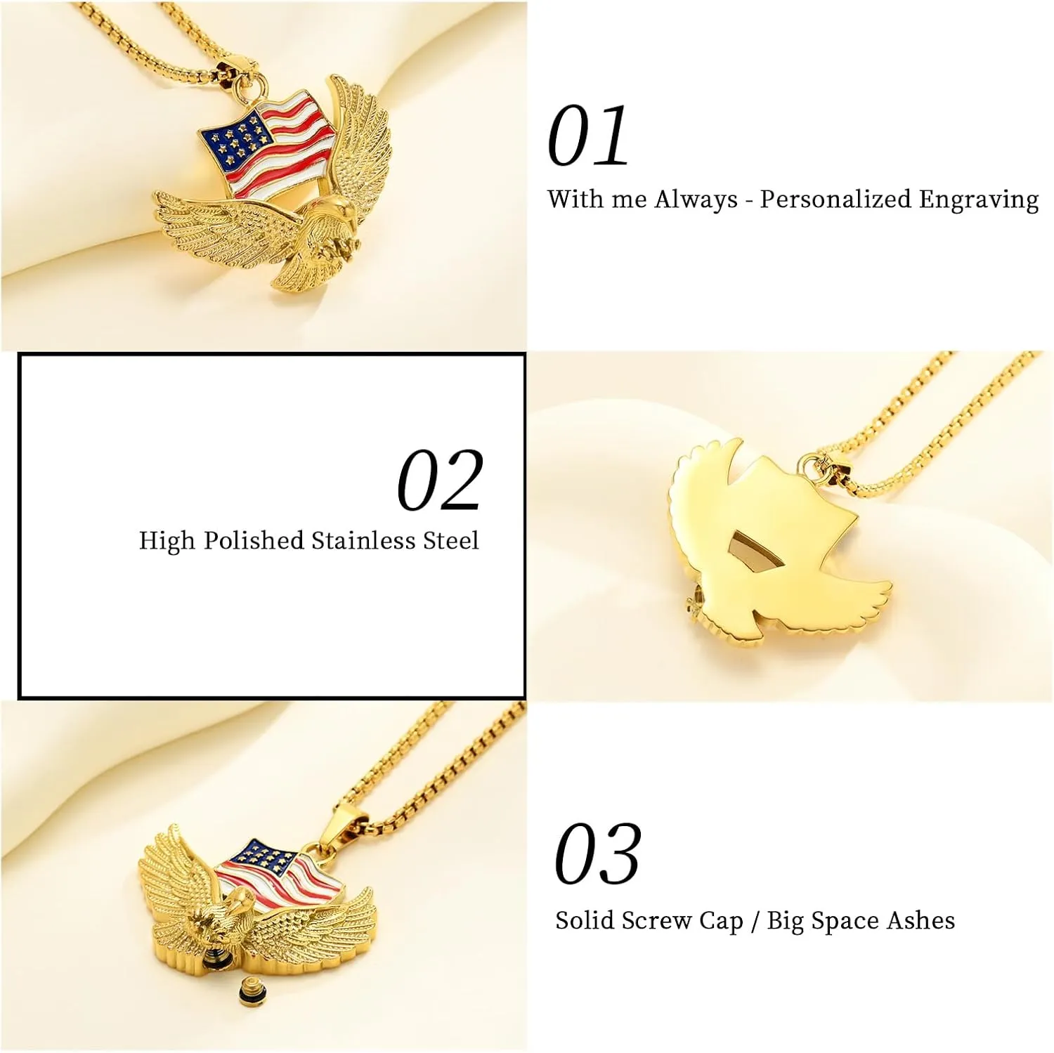 Oinsi Cremation Jewelry For Ashes For Men The Stars and the Stripes With Eagle Memorial Urn Necklace Keepsake Pendant