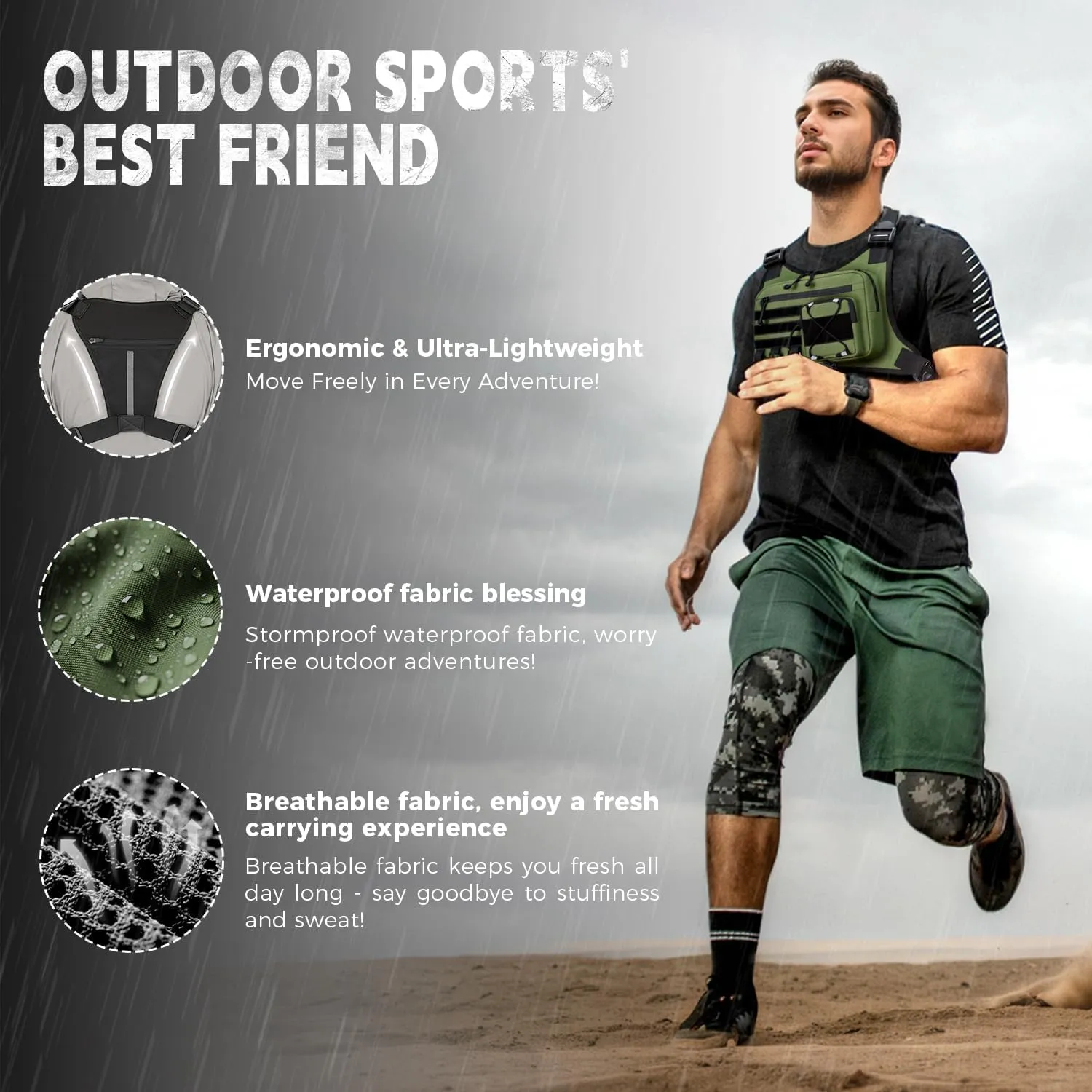 Outdoor Sports Chest Bag for Men, Chest Vest Holster Fits Most Pistols, EDC Travel Chest Pack for Running, Hiking