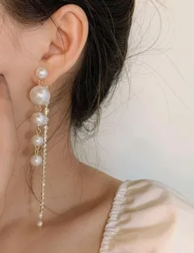 Pearl - Gold statement earrings with pearl|rhinestone drop earrings | modern retro statement party earrings | Korean earringsPearl