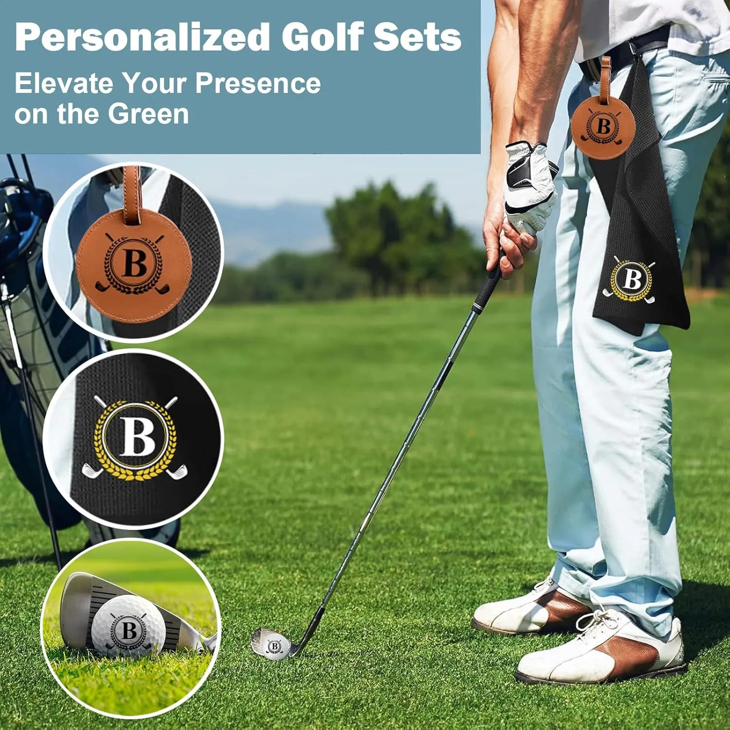 Personalized Golf Gift Set for Men & Dad - 3 Initial Golf Balls, Absorbent Towel & Leather Bag Tag with 5 Tees - Unique Birthday Box for Golfers & Partners