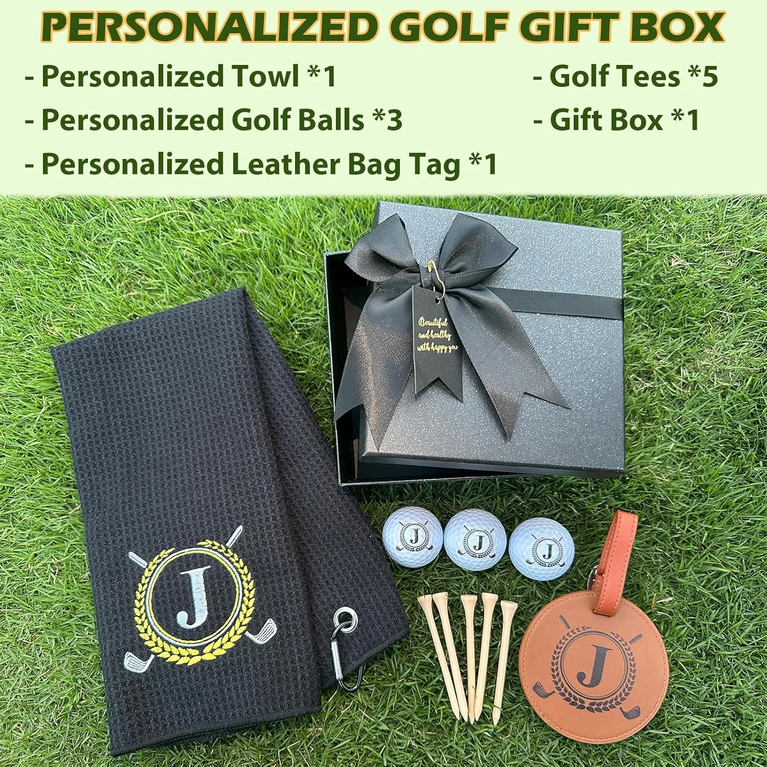 Personalized Golf Gift Set for Men & Dad - 3 Initial Golf Balls, Absorbent Towel & Leather Bag Tag with 5 Tees - Unique Birthday Box for Golfers & Partners