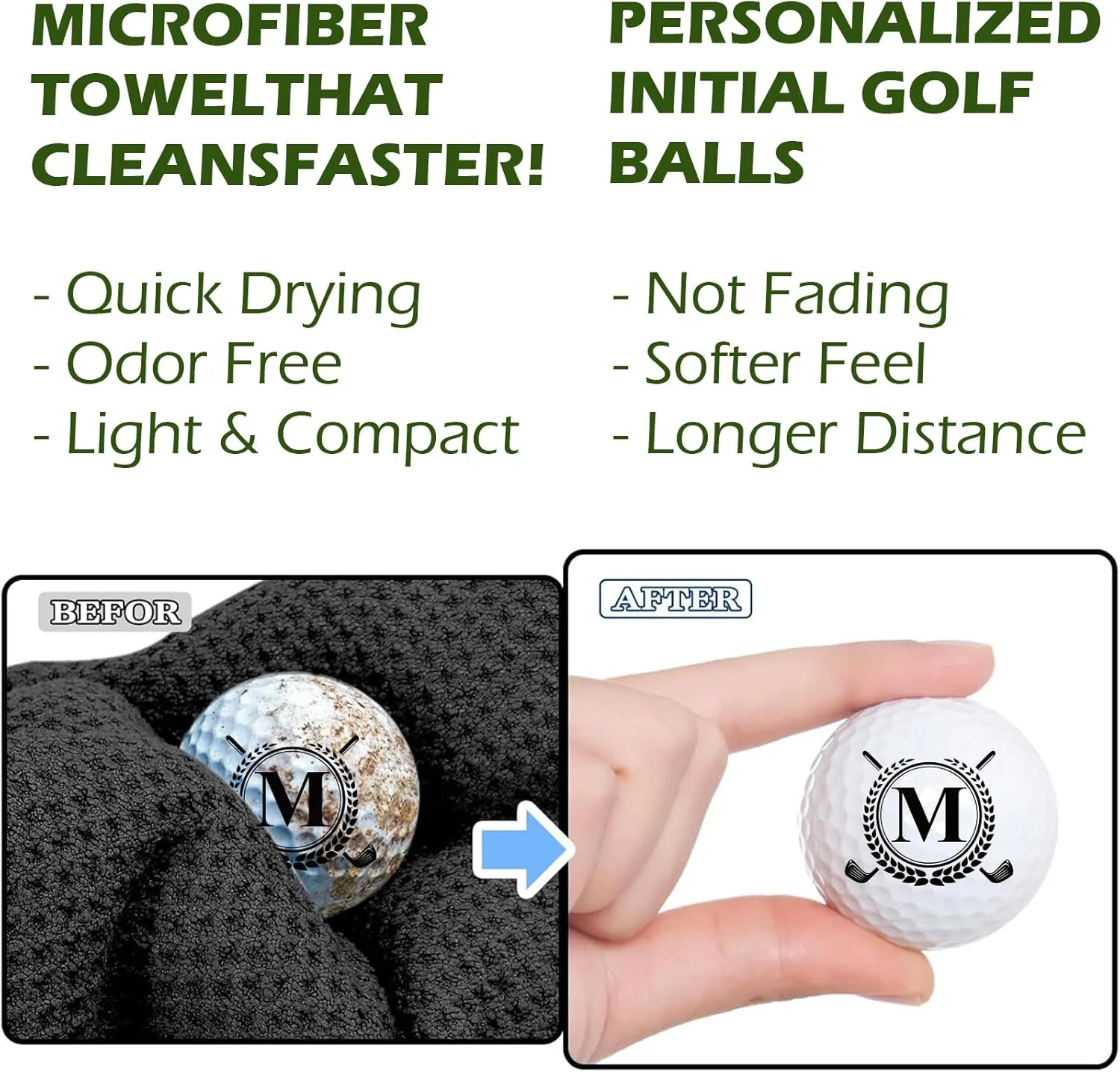Personalized Golf Gift Set for Men & Dad - 3 Initial Golf Balls, Absorbent Towel & Leather Bag Tag with 5 Tees - Unique Birthday Box for Golfers & Partners