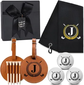 Personalized Golf Gift Set for Men & Dad - 3 Initial Golf Balls, Absorbent Towel & Leather Bag Tag with 5 Tees - Unique Birthday Box for Golfers & Partners