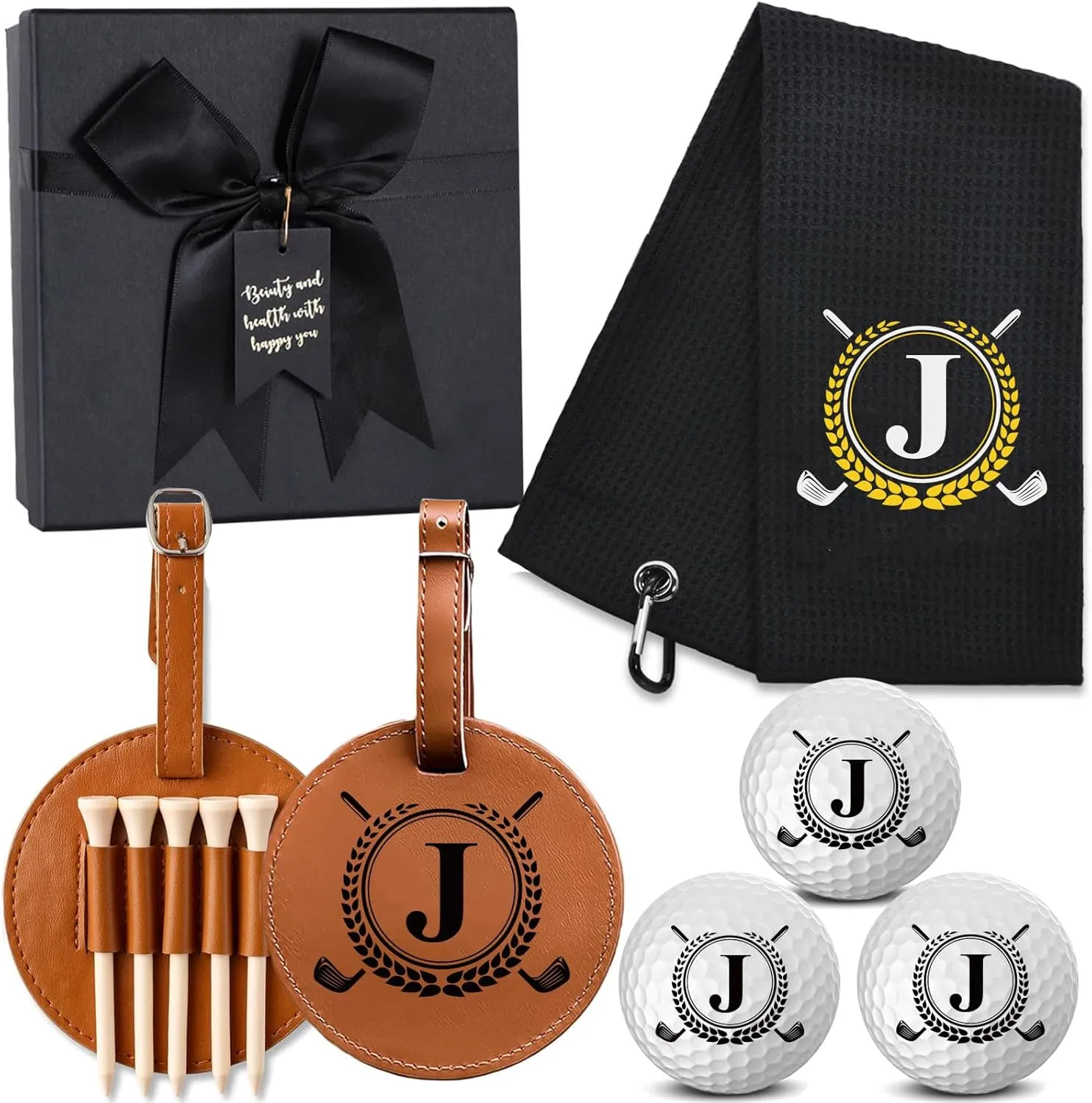 Personalized Golf Gift Set for Men & Dad - 3 Initial Golf Balls, Absorbent Towel & Leather Bag Tag with 5 Tees - Unique Birthday Box for Golfers & Partners