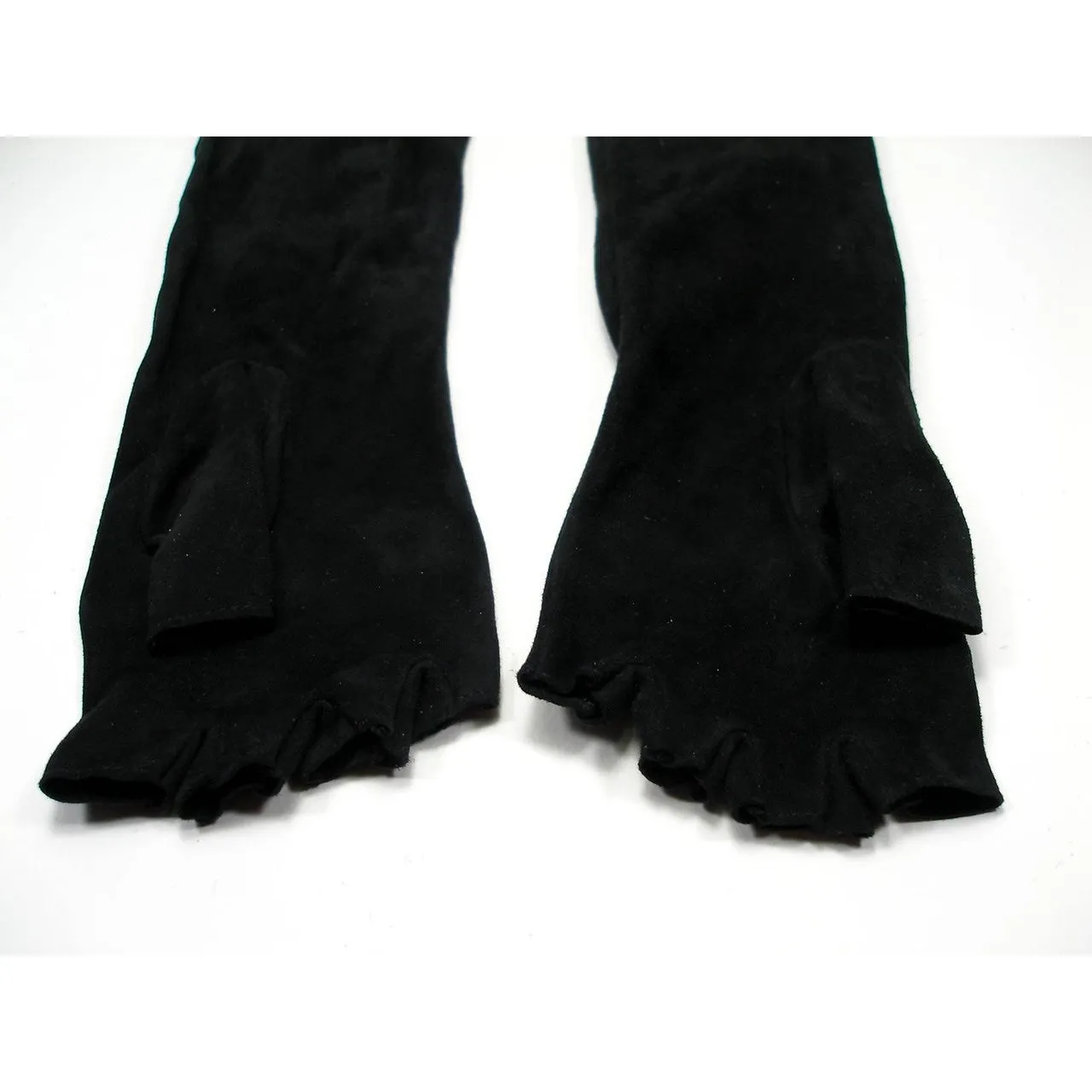 Rare! Chanel Long Fingerless Black Suede leather 08, 2008 Gold CC Logos Caged Gloves Sz 7.5