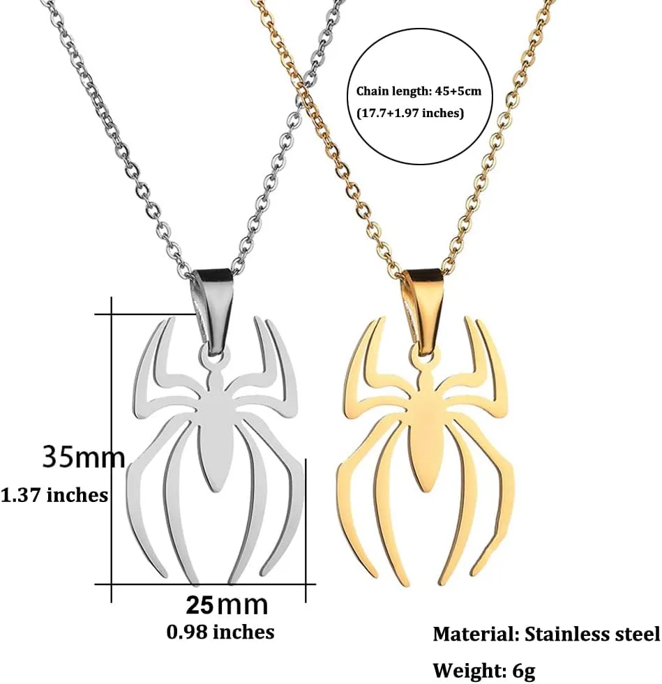 Spider Necklace for Men Women Titanium Stainless Steel Gold Silver Lightweight Fashion Anime Goth Cool Hippie Spider Man Pendant Necklace