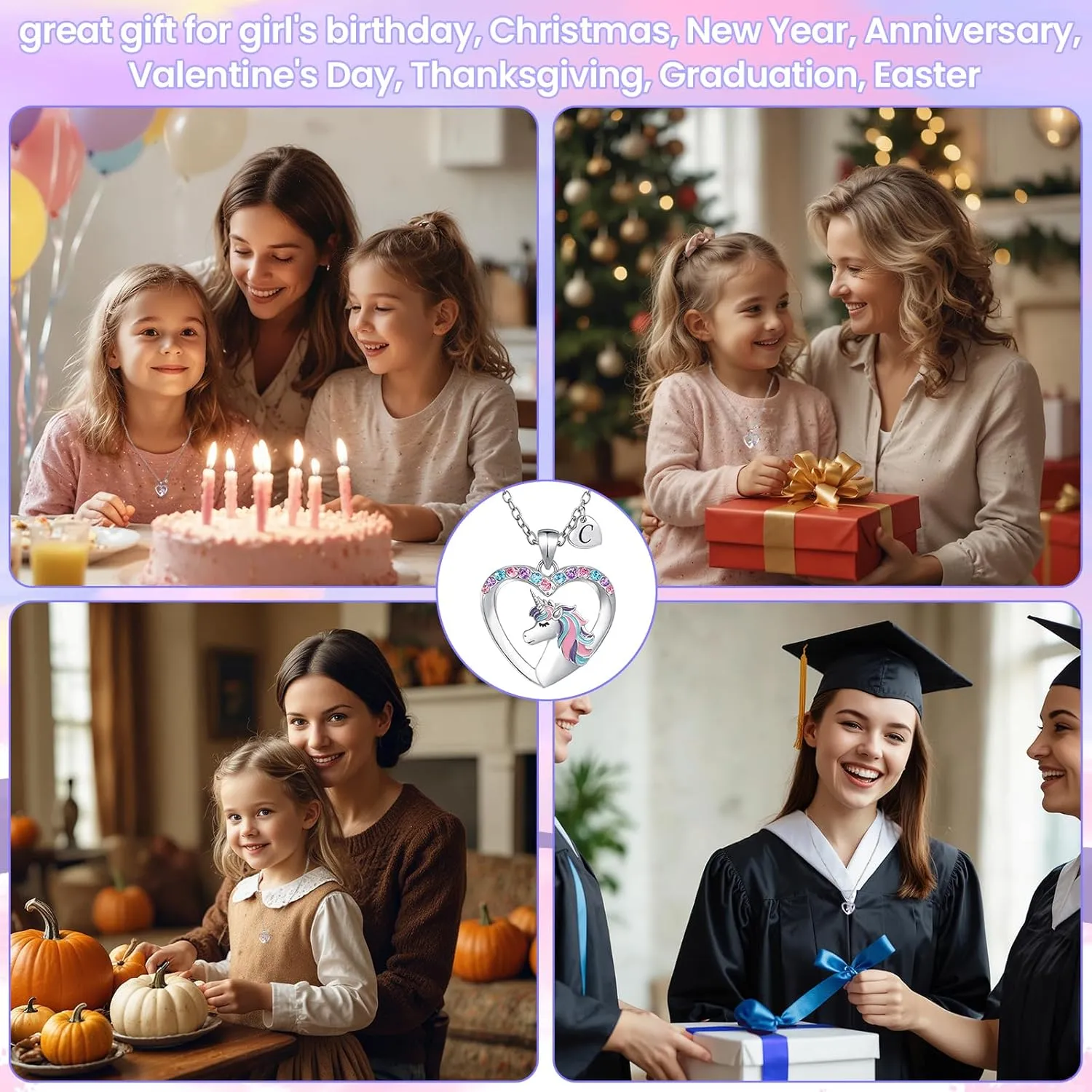 Unicorn Necklace Gifts for Girls,Silver Heart Necklace with Initial for Girls Teen Kids Birthday Valentines Day Gifts,Plated CZ Necklace for Daughter Granddaugher Christmas Thanksgiving Gifts-Letter C