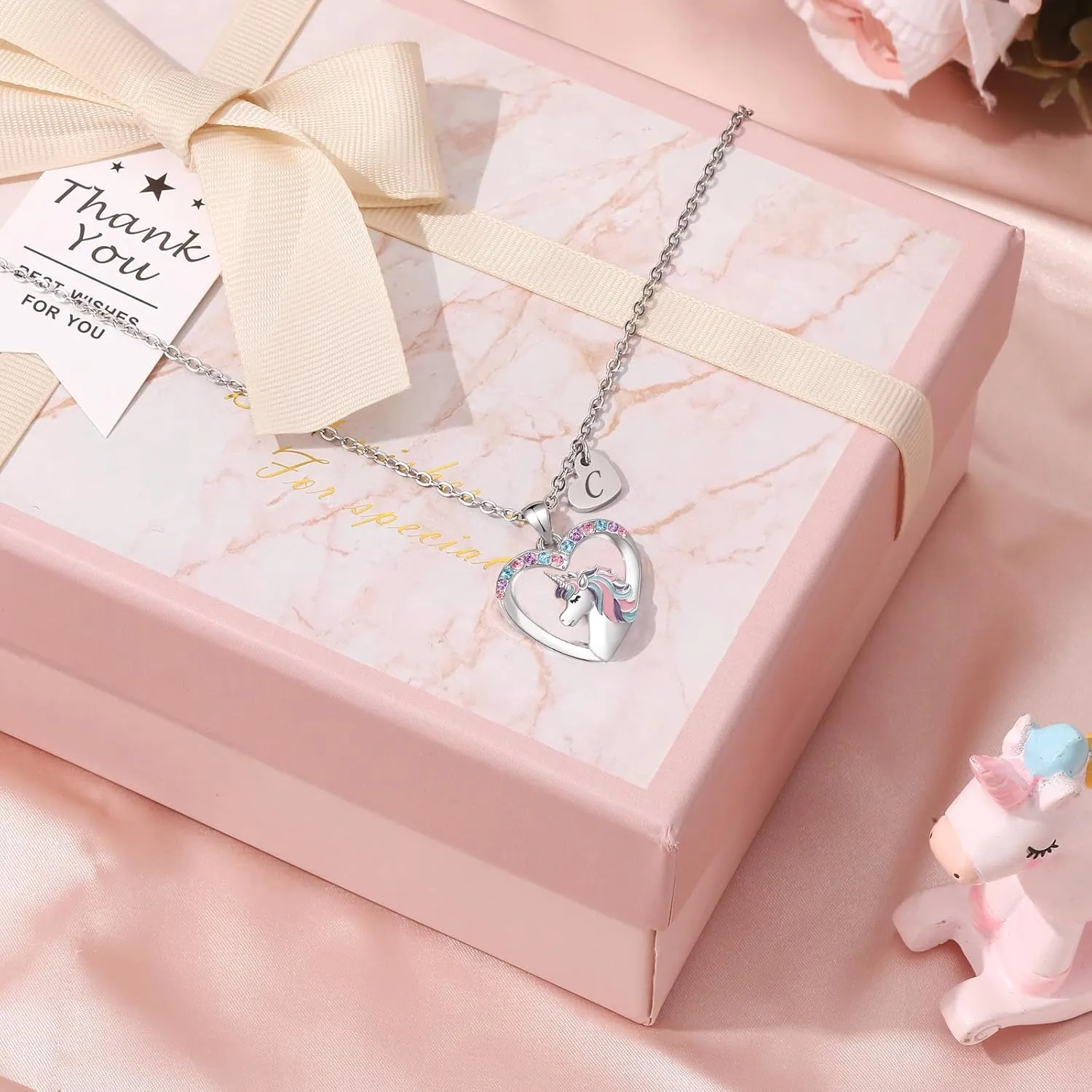 Unicorn Necklace Gifts for Girls,Silver Heart Necklace with Initial for Girls Teen Kids Birthday Valentines Day Gifts,Plated CZ Necklace for Daughter Granddaugher Christmas Thanksgiving Gifts-Letter C