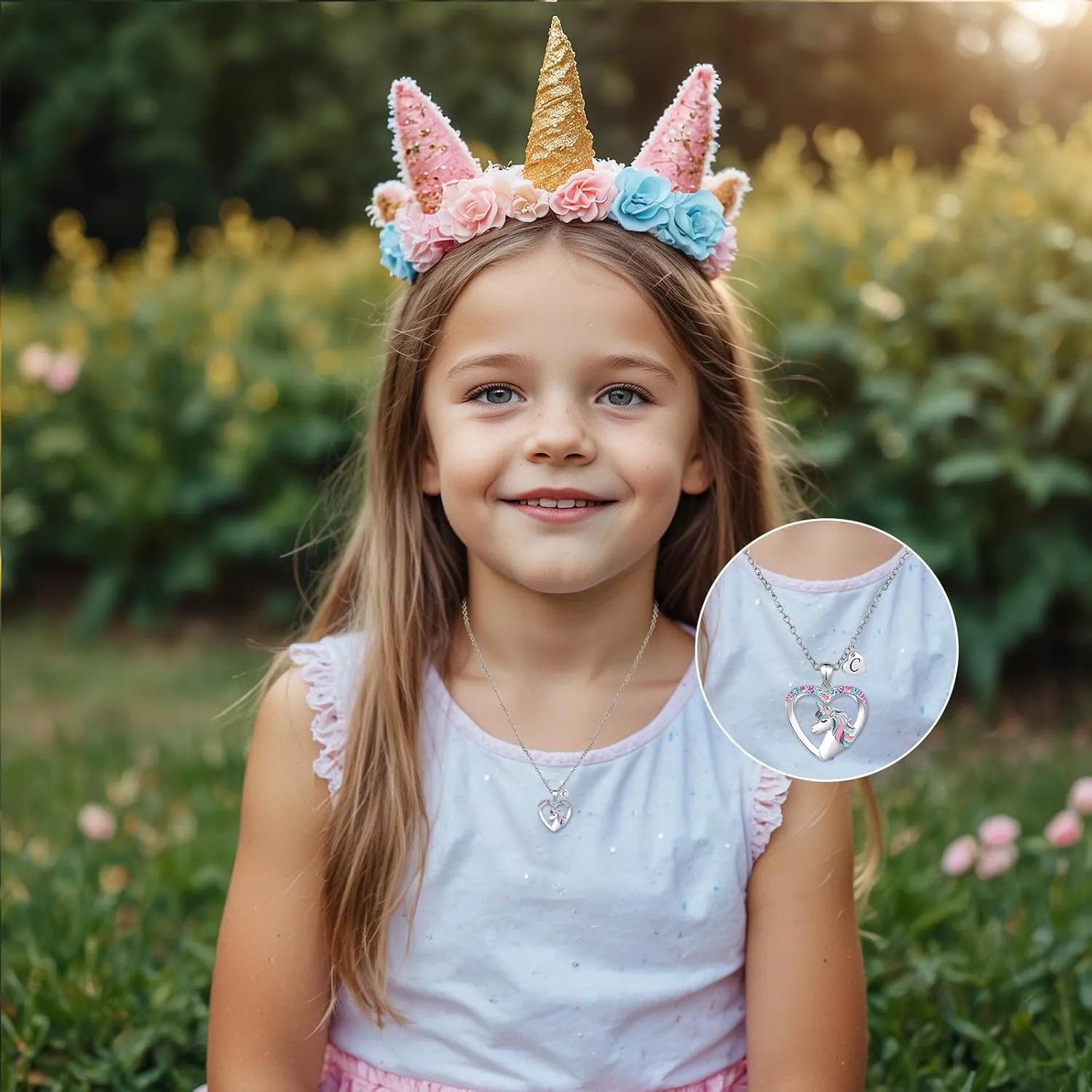 Unicorn Necklace Gifts for Girls,Silver Heart Necklace with Initial for Girls Teen Kids Birthday Valentines Day Gifts,Plated CZ Necklace for Daughter Granddaugher Christmas Thanksgiving Gifts-Letter C