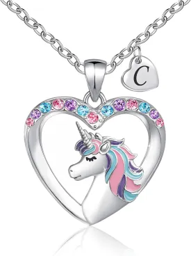 Unicorn Necklace Gifts for Girls,Silver Heart Necklace with Initial for Girls Teen Kids Birthday Valentines Day Gifts,Plated CZ Necklace for Daughter Granddaugher Christmas Thanksgiving Gifts-Letter C