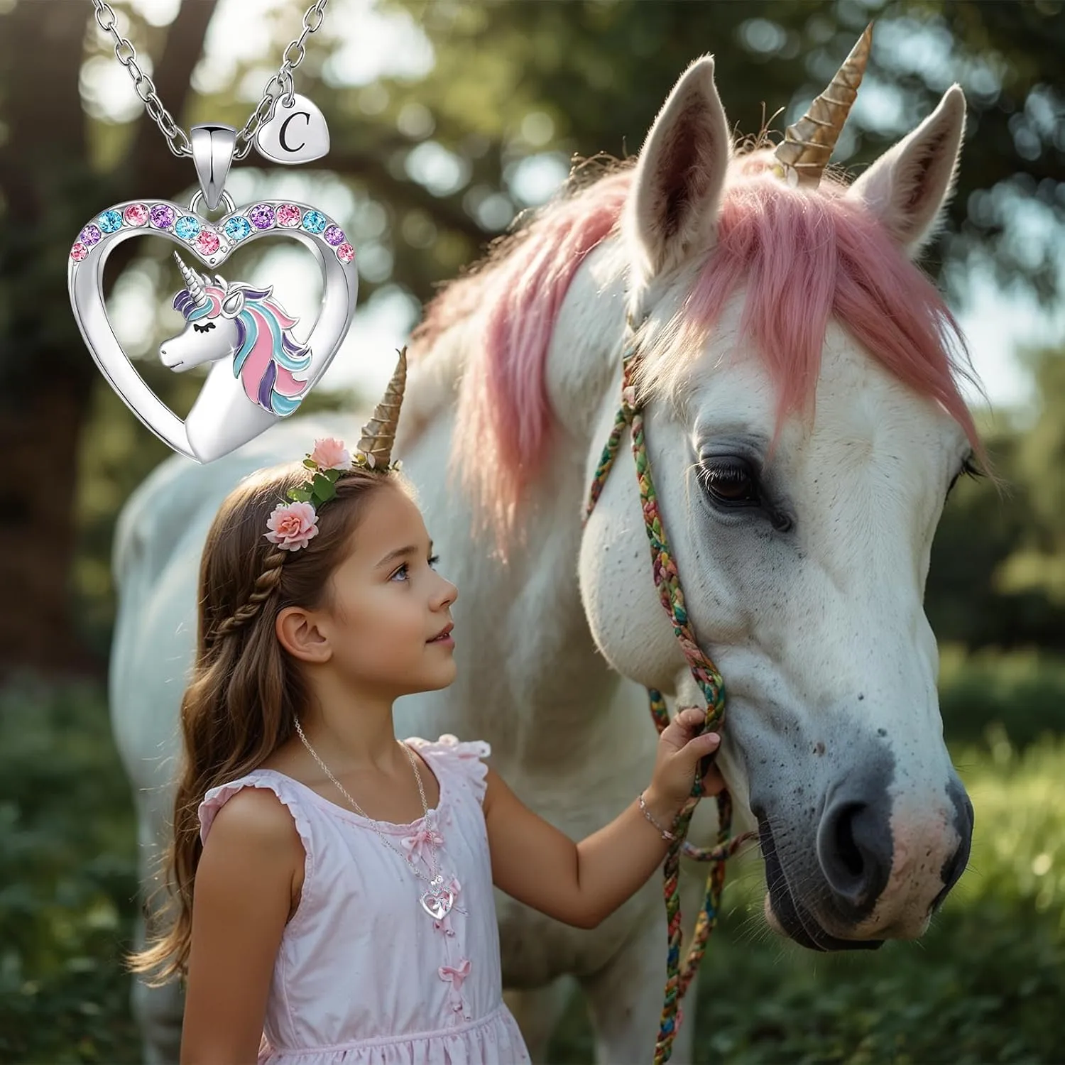 Unicorn Necklace Gifts for Girls,Silver Heart Necklace with Initial for Girls Teen Kids Birthday Valentines Day Gifts,Plated CZ Necklace for Daughter Granddaugher Christmas Thanksgiving Gifts-Letter C