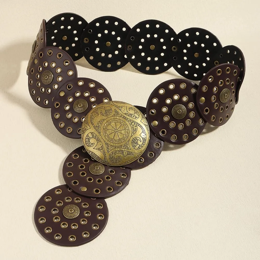 Wide Disc Belt for Women Boho Disk Concho Leather Belts Western Waist Belts for Dress