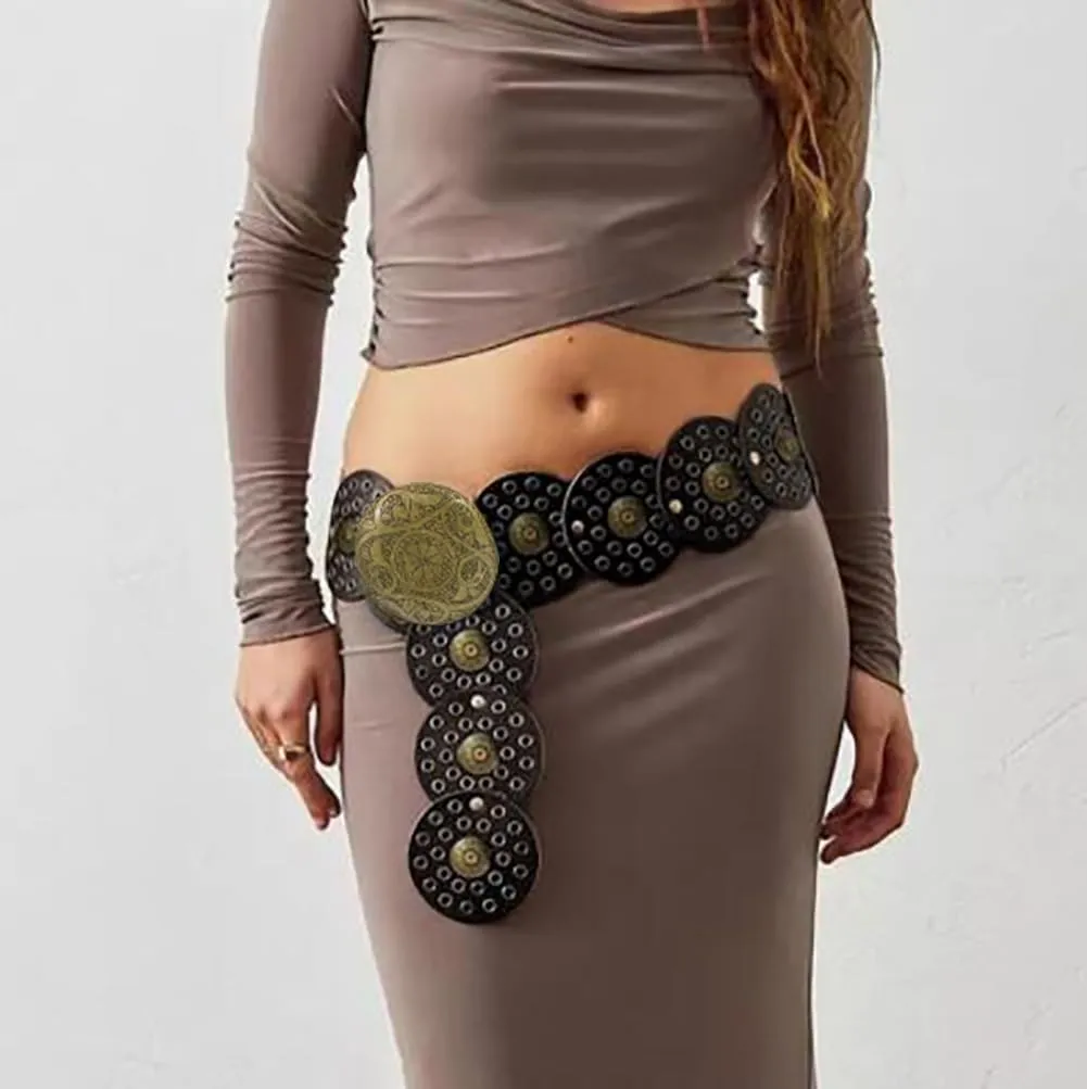 Wide Disc Belt for Women Boho Disk Concho Leather Belts Western Waist Belts for Dress