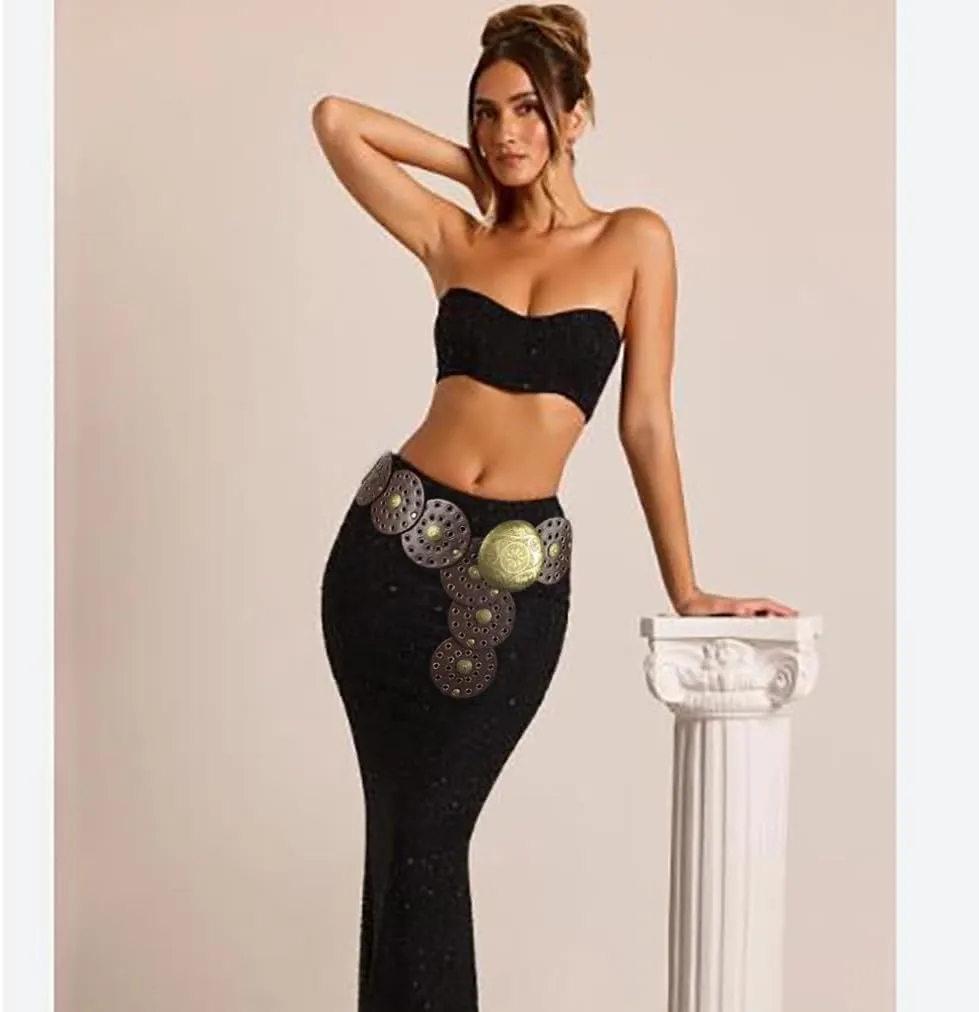 Wide Disc Belt for Women Boho Disk Concho Leather Belts Western Waist Belts for Dress