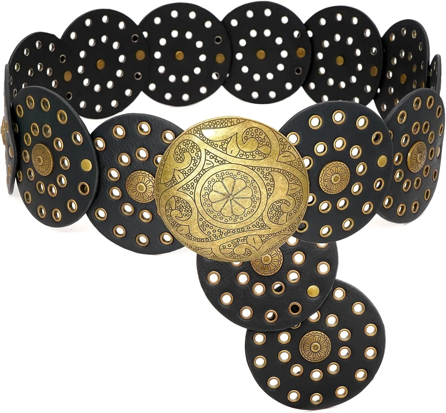 Wide Disc Belt for Women Boho Disk Concho Leather Belts Western Waist Belts for Dress