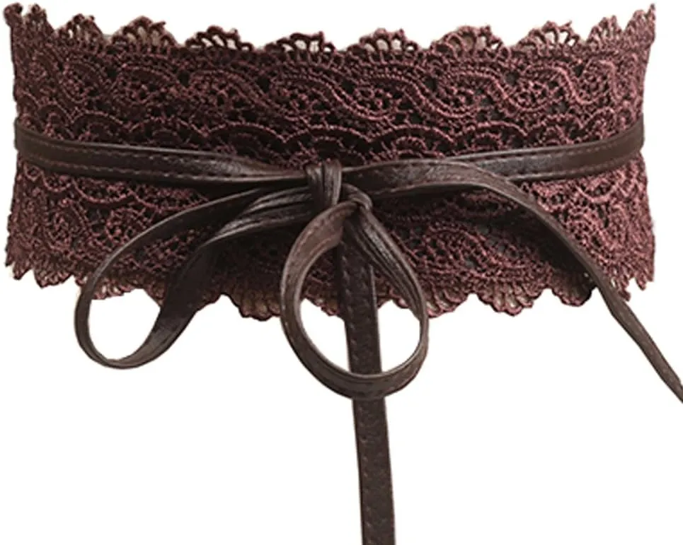 Women's 2 Packs Lace Waist Belt Bow Tie Wrap Around Soft Leather Boho Corset Fashion Elegant for Dresses