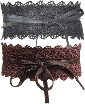 Women's 2 Packs Lace Waist Belt Bow Tie Wrap Around Soft Leather Boho Corset Fashion Elegant for Dresses