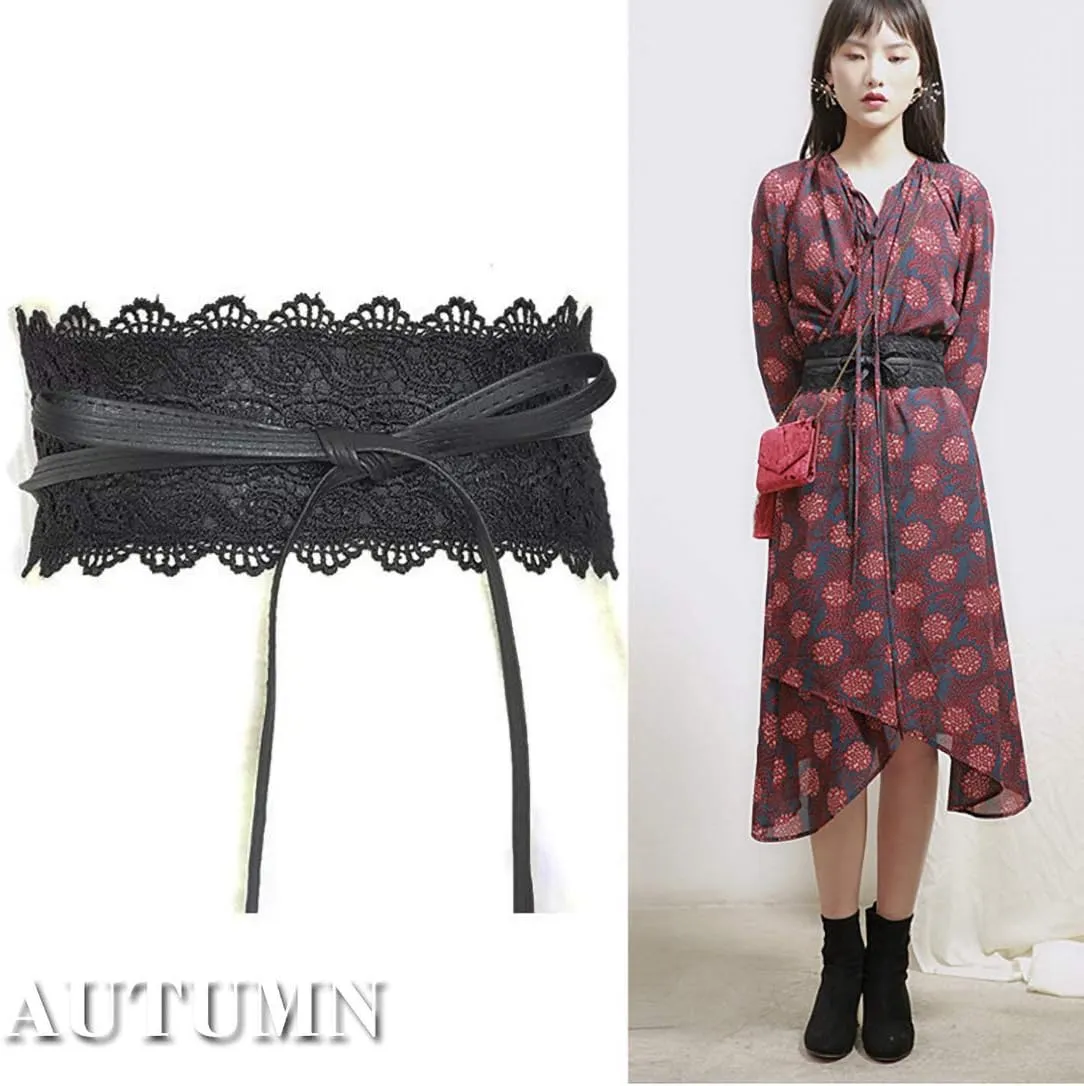 Women's 2 Packs Lace Waist Belt Bow Tie Wrap Around Soft Leather Boho Corset Fashion Elegant for Dresses