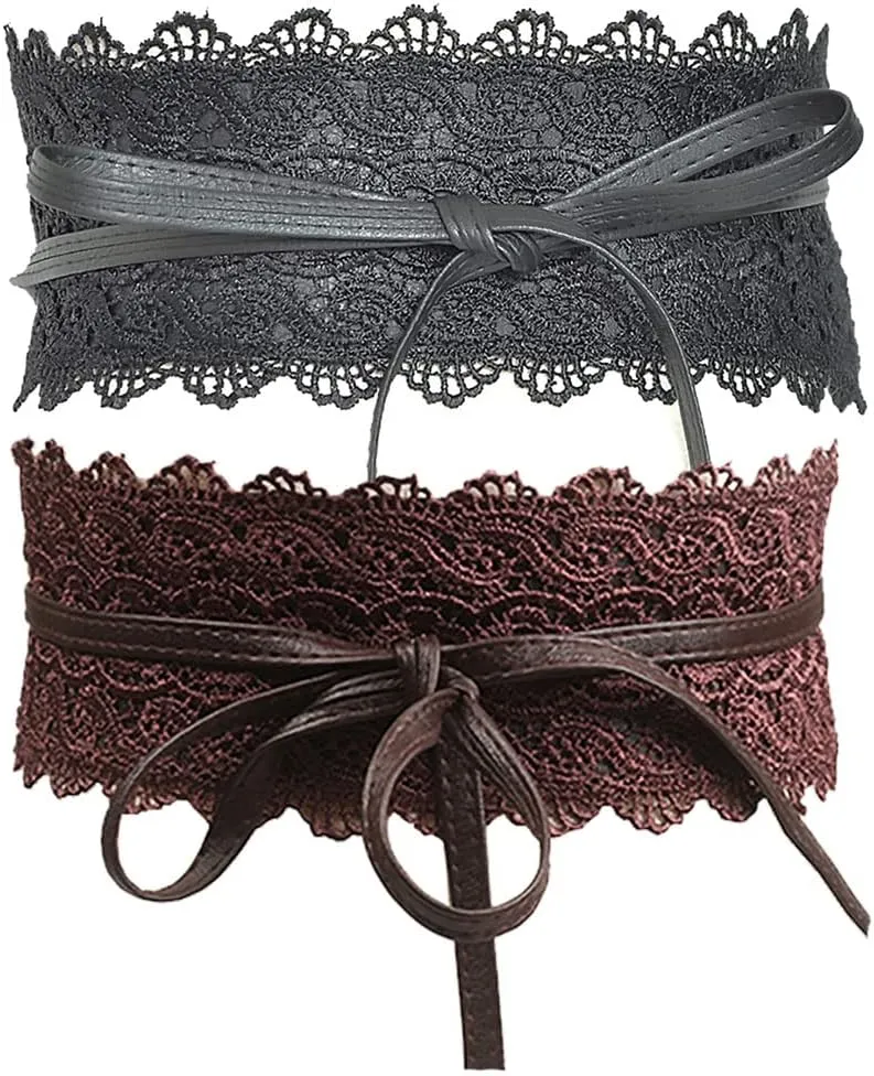 Women's 2 Packs Lace Waist Belt Bow Tie Wrap Around Soft Leather Boho Corset Fashion Elegant for Dresses