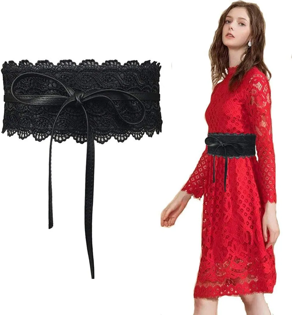 Women's 2 Packs Lace Waist Belt Bow Tie Wrap Around Soft Leather Boho Corset Fashion Elegant for Dresses