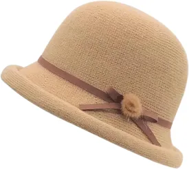 Womens Winter Church 1920s Bowler Bucket Hat Vintage Felt Cloche Cap Winter Floral Fedora Bow Pompom Bowler Hats