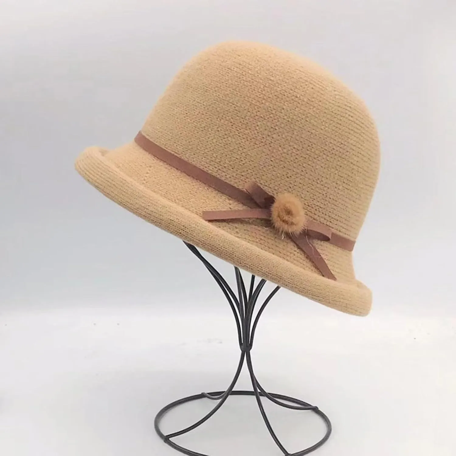 Womens Winter Church 1920s Bowler Bucket Hat Vintage Felt Cloche Cap Winter Floral Fedora Bow Pompom Bowler Hats