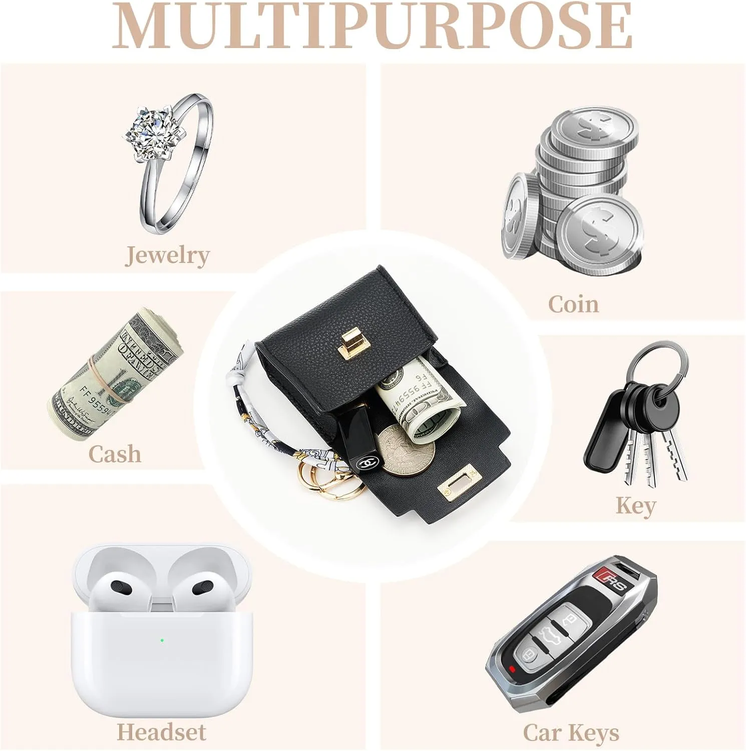 WOZEAH Mini Backpack Keychain for Women,Small Change Pouch Coin Purse Twist-lock with Key Headset BagBlack