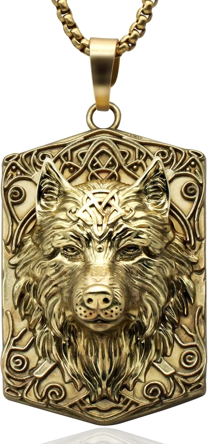 Yumikoo Wolf Viking Necklace for Men Copper Wolf Head Necklace Pendant for Men Golden Chain Unplated