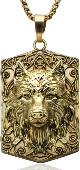 Yumikoo Wolf Viking Necklace for Men Copper Wolf Head Necklace Pendant for Men Golden Chain Unplated