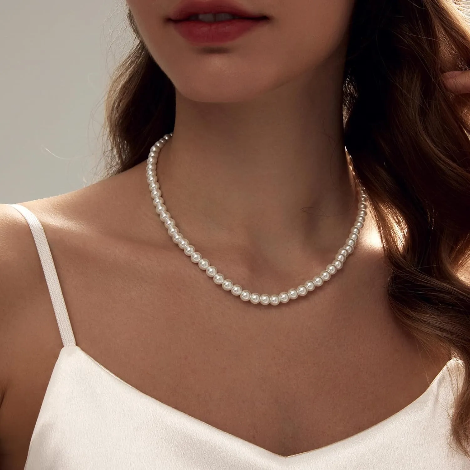 Zeffy Pearl Necklace 4MM/6MM/8MM Dainty Round Imitation Pearl Choker Necklace Wedding Pearl Necklace Delicate Jewelry for Women Simple Bridesmaid Jewelry Gifts