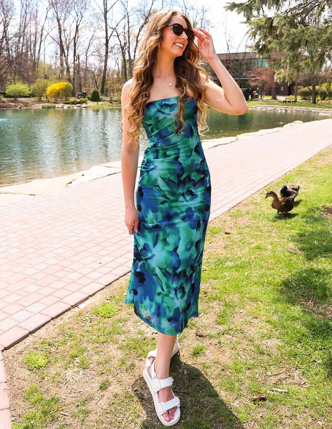 ZESICA Womens Boho Floral Strapless Maxi Dress 2025 Summer Off Shoulder Bodycon Beach Party Long Dresses